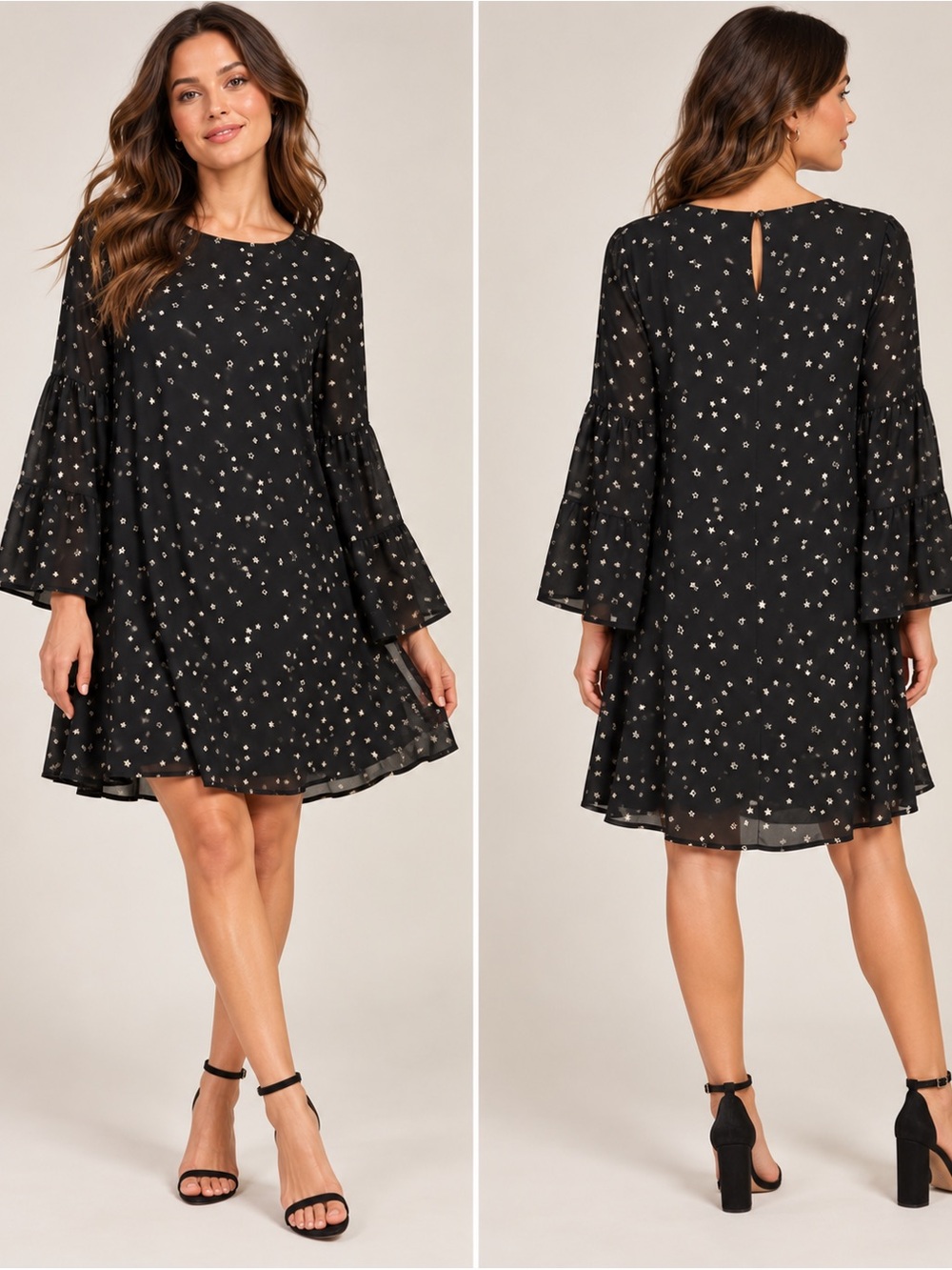 Knot Sisters Black Star Print Bell Sleeve Shift Dress NWT S